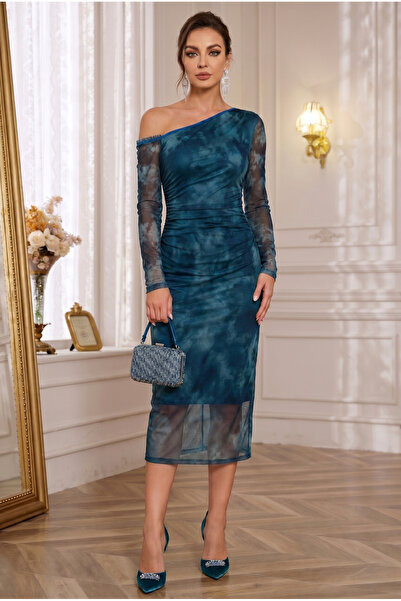 ALFUDO Moda Collection One-Shoulder Transparent Tulle Sleeves Midi Plain Even...