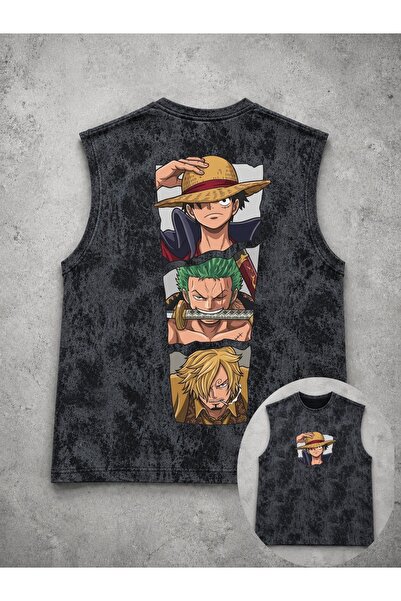 classy moda Unisex Black Washed Sleeveless Tank Top with Anime Print on the Back