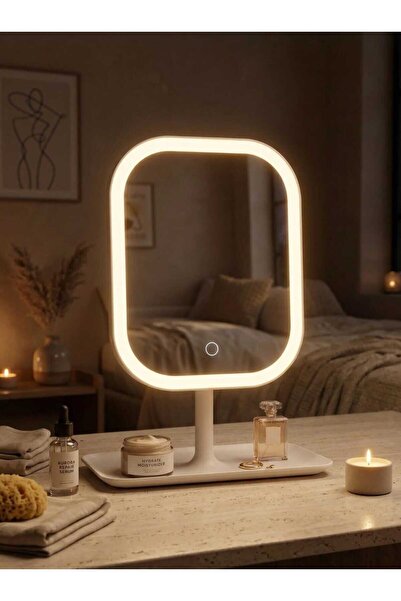 ASEL PLAST Led Işıklı Usb Şarjlı Dikdörtgen Masa Üstü Makyaj Aynası Makyaj Ay...