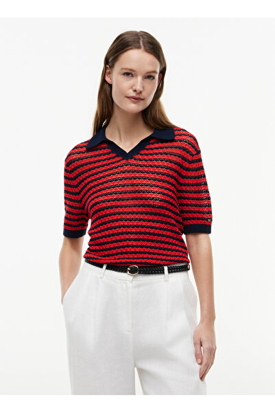 Tommy Hilfiger Kırmızı Kadın Çizgili Triko Polo T-Shirt WW0WW500600X6