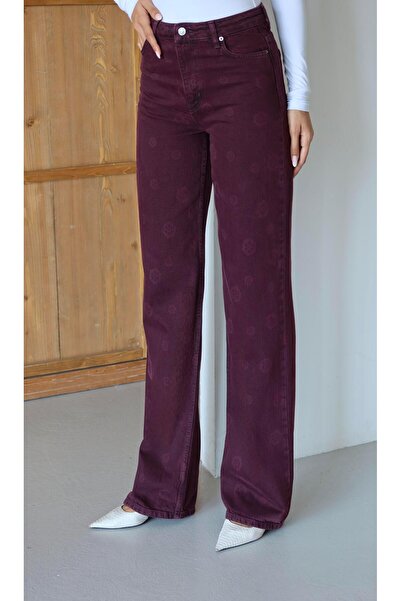 Clothes Fast Women's Bordo High Waist Floral Patterned Wide Leg Long Jean Tro...