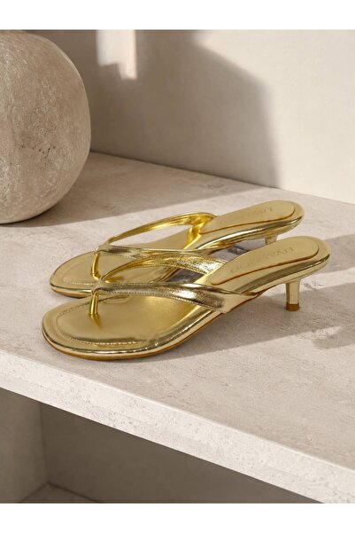 İncimoda Gold Skin Flip-Flop Heeled Slippers Orthopedic Women's Sandals 5cm Heel