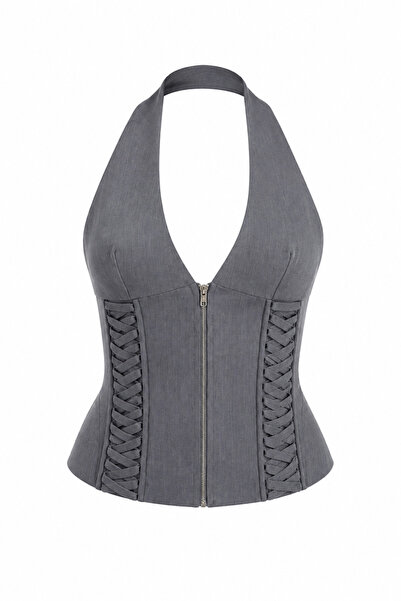 HAZELANNA Halter Neck Gray Corset Blouse