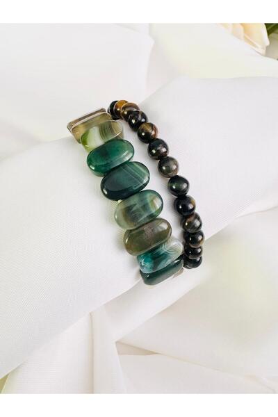 DEVİ fashion Agate and Tiger's Eye Natural Stone 2-Piece Combination Bracelet