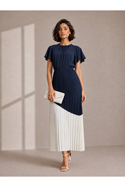 Styli Navy Blue and White Color Block Pleated A-Line Maxi Dress