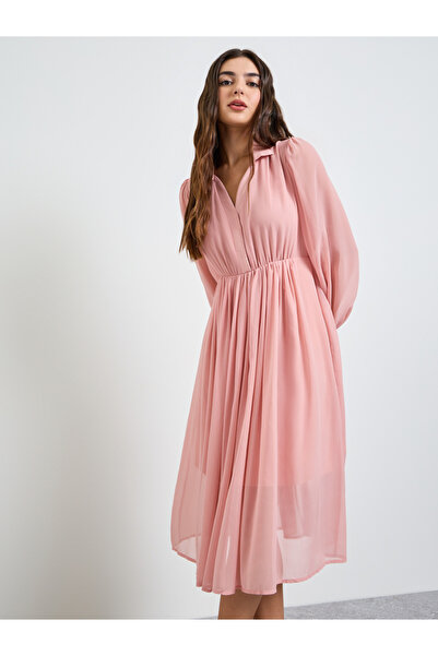 Styli Pink Solid Long Sleeves Chiffon A-Line Midi Dress