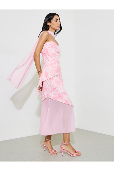 Styli Pink Graphic Print A-Line Midi Dress with Scarf