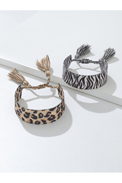 Take Two By Styli Pack of 2 Leopard and Zebra Print Woven Bracelets with Tass...