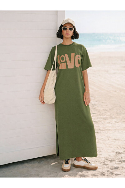 Sassafras By Styli Olive Printed Side Slit Oversized T-Shirt Dress
