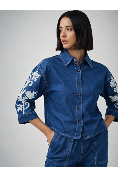 Sassafras By Styli Navy Blue 3/4 Embroidered Sleeves Denim Crop Shirt