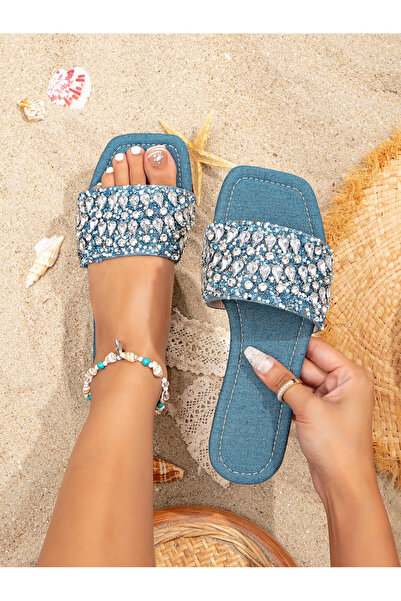 Take Two By Styli Medium Blue Embellished Flat Sandals