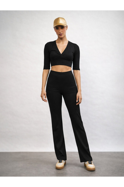 Sassafras By Styli Black V-Neck Ripped Crop Top and Wide legs Pants Set