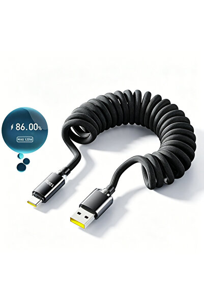 choice2 1m Black NNBILI 120W USB-A to Type C Fast Charge Spring Cable Retract...