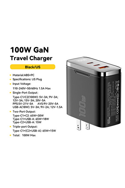 Choice3 ESSAGER 100W US Black A 2C Essager 100W GaN USB Type C Charger Digita...