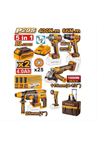 Ingco 20V Cordless 5-Piece Combo Kit, 405Nm Impact Wrench, 66Nm Drill, SDS Ha...