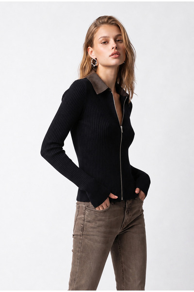 Mixray 7043 Women's Denim Collared Zippered Ribbed Knit Cardigan Black