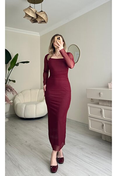 ALICESTORE Tüllü Likralı Kare Yaka Midi Boy Elbise
