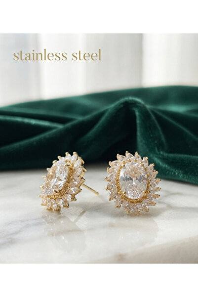 stainless steell أقراط نحاسية ذهبية اللون مرصعة بحجر الزركون الكبير
