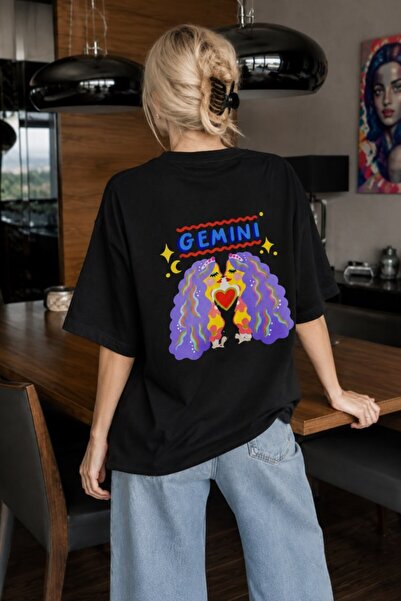 GIA - ART Women's Oversize T-Shirt Gemini Printed Black – Crew Neck, Comforta...