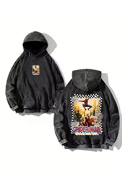 Toum Washable Spider Retro Printed Vintage Hooded Sweatshirt