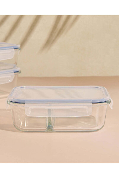 REDTAG White Two Compartment Glass Rectangular Food Container (1480ml)