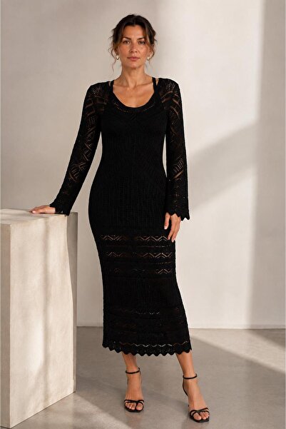 ALEXANDERGARDI V-Neck Openwork Knitwear Long Sleeve Lined Midi Dress