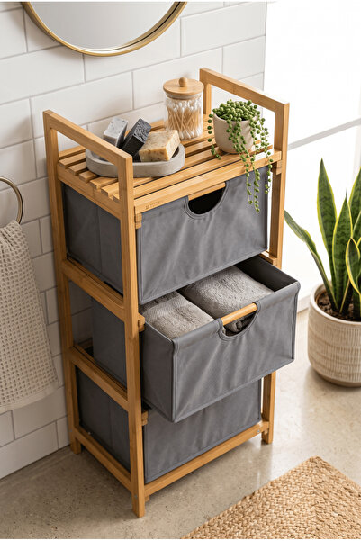 Robin Home Bambu 3 Raflı Çamaşır Sepeti Banyo Mutfak Organizeri Raflı Dolap