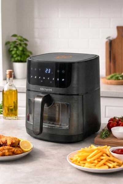 KitchenMi Kitchen Mi 12 Ekran Programlı 6 Litre Dijital Dokunmatik 1500 W Yağsız Kızartma Sıcak Hava Fritözü