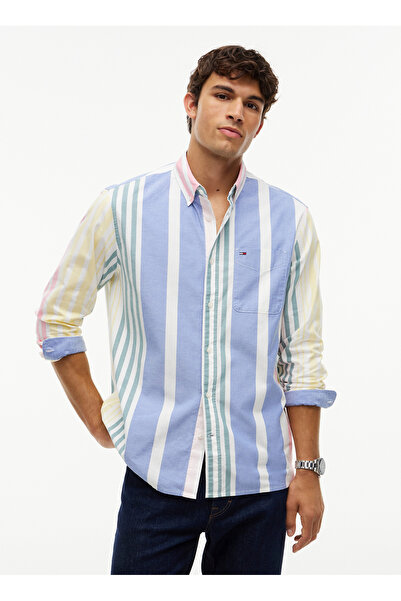 Tommy Jeans Mavi Erkek Relaxed Çizgili Gömlek DM0DM23246YBL TJM OXFORD FUN STRIP