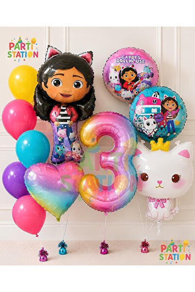 Parti Station Gabby Dollhouse Balloon Set 3 Years Old 11 Piece Birthday Ballo...