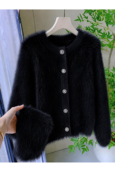NATUFIAN STORE Women's Plush Look Soft Furry Crew Neck Basic Knitwear Cardigan