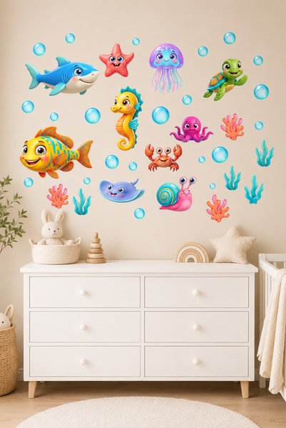Wesliva Cute Sea Creatures Kids Room Wall Sticker Set, Fish Whale Sea Horse Baby Room Decor