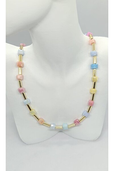 ndjewelry Cube Gold Color Pastel Stone Necklace (43+5 cm)