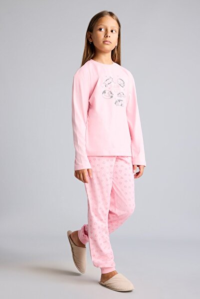 DeFacto Printed Long Sleeve Top Elasticized Leg Bottom 2-Piece Pajama Set Gir...