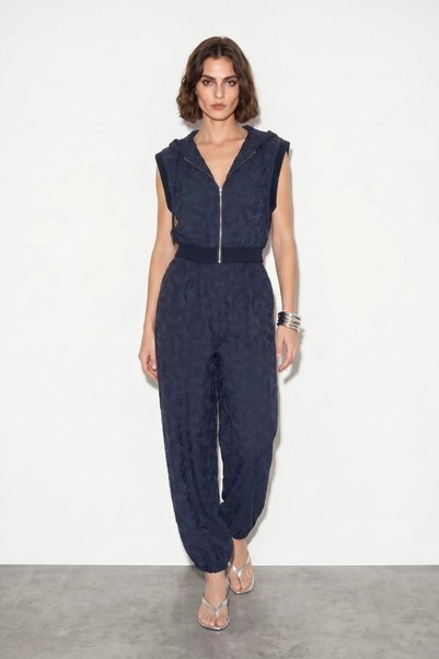 Generic Brand Set de pantaloni de damă cu model jacquard, cu glugă și buzunare, în culoarea bleumarin