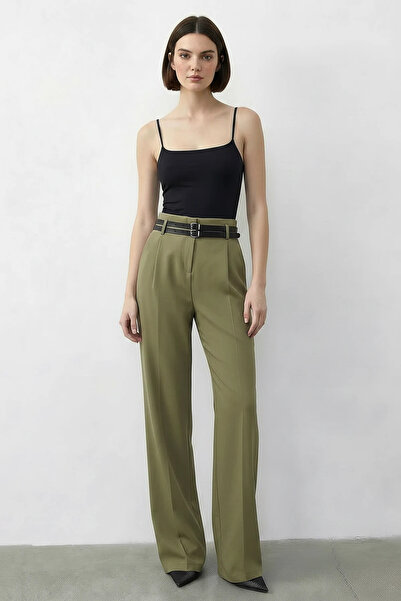 Efnaz style Women's Double Belt Detailed High Waist Palazzo Green Trousers wi...