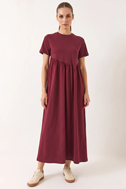 Efnaz style Women's Drawstring Long Burgundy Dress