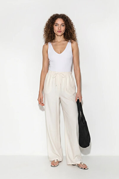 Efnaz style Women's Elastic Waist, Tie-Up, Pocketed, Wide Leg White Trousers