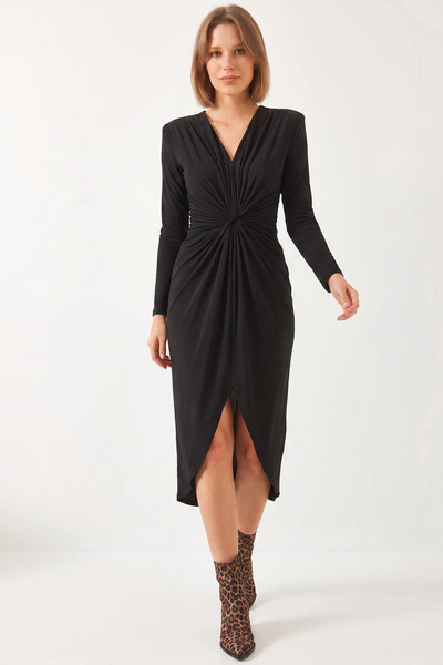 TARZIM SPOR GİYİM Women's V-Neck Gathered Front Black Dress