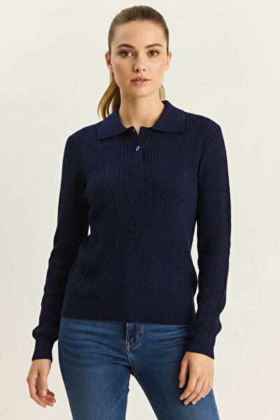 Efnaz style Women's Polo Neck Knitwear Navy Blue Sweater