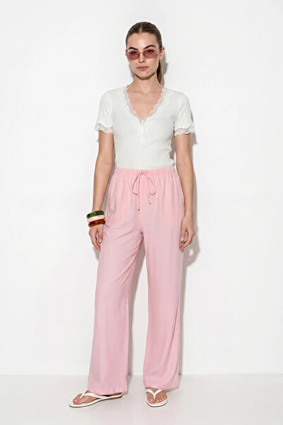 Efnaz style Women's Elastic Waist, Tie-Up, Pocketed, Wide Leg Pink Trousers