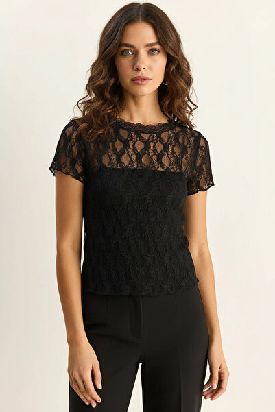 Generic Brand Women's Crew Neck Short Sleeve Transparent Lace Black Blouse