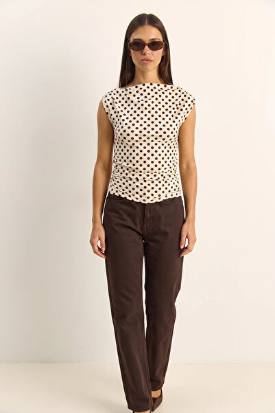 Generic Brand Women's Degaje Collar Polka Dot Lycra Beige Brown Blouse with S...