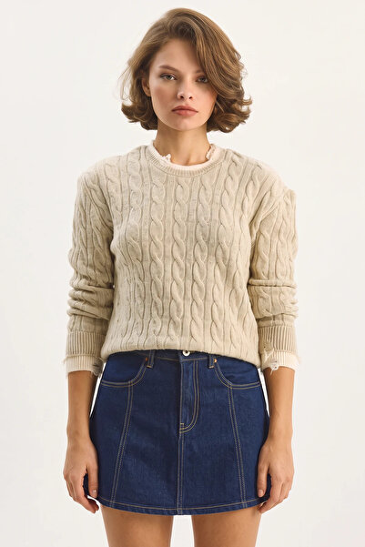Efnaz style Women's Crew Neck Hair Knit Patterned Sweater with Ripped Cuff De...