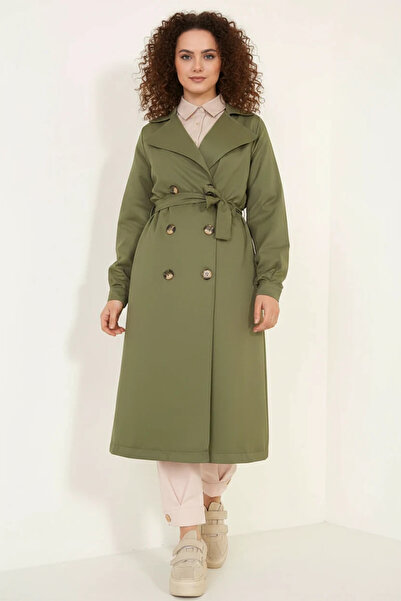 Efnaz style Women's Double-Breasted Collar Belted Khaki Hijab Trench Coat