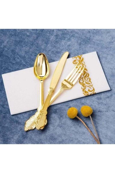 Generic Gold Plastic Tableware - Gold Plastic Plates, Gold Plastic dinnerware Gold Cups, gold Cutlery, and Gold Napkins for 25 People - Ideal for home and events 175 Pcs