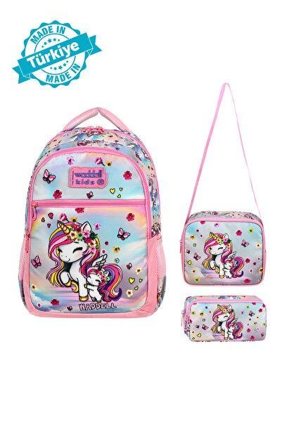 Waddell Rucsac pentru școala primară cu model unicorn licențiat, cutie de prânz și suport pentru creion, set de ghiozdane.