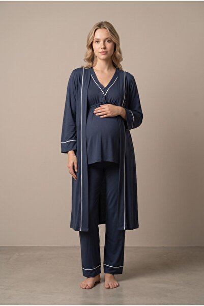 LOHOUSE Women's Indigo Ribbed Buttoned Maternity Pajama Set with Dressing Gown