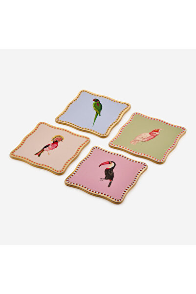 YVONNE ELLEN Animals Birdy Pink Mushroom Set of Four Coasters 10X10 cm