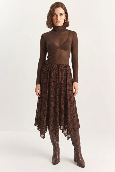 Efnaz style Women's Patterned Lined Asymmetrical Cut Elastic Waist Midi Bitte...